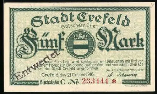 Notgeld Crefeld 1918, 5 Mark, Kontroll-Nr. C233444
