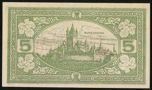 Notgeld Cochem 1918, 5 Mark, Blick auf die Burg