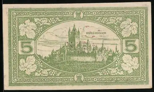 Notgeld Cochem 1918, 5 Mark, Ortsansicht mit der Burg