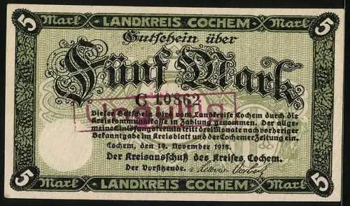 Notgeld Cochem 1918, 5 Mark, Ortsansicht mit der Burg