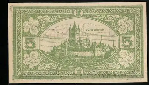 Notgeld Cochem 1918, 5 Mark, Die Burg in der Stadt