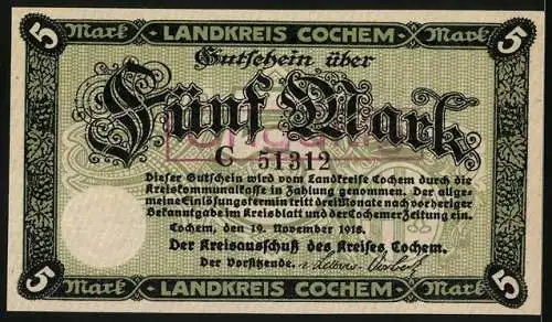 Notgeld Cochem 1918, 5 Mark, Die Burg in der Stadt