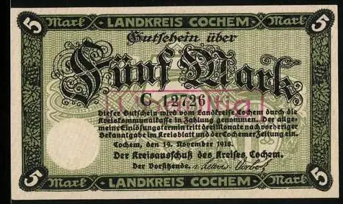 Notgeld Cochem 1918, 5 Mark, Stadtmauern und Burg