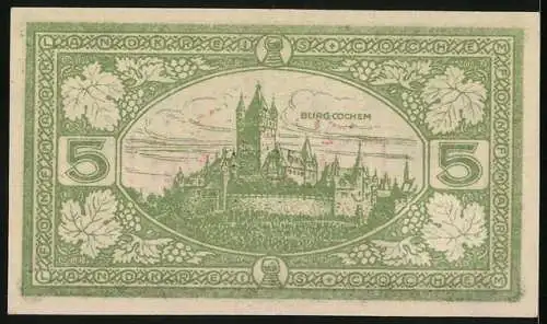 Notgeld Cochem 1918, 5 Mark, Stadtmauern und Burg