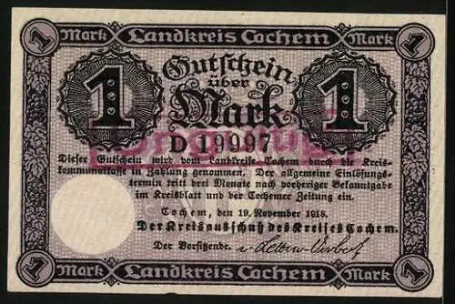 Notgeld Cochem 1918, 1 Mark, Ansicht der Burg