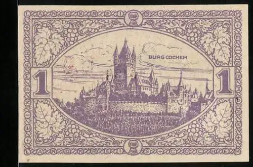 Notgeld Cochem 1918, 1 Mark, Ortsansicht mit der Burg