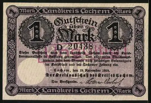 Notgeld Cochem 1918, 1 Mark, Ortsansicht mit der Burg