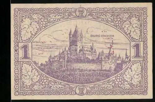 Notgeld Cochem 1918, 1 Mark, Gesamtansicht mit der Burg