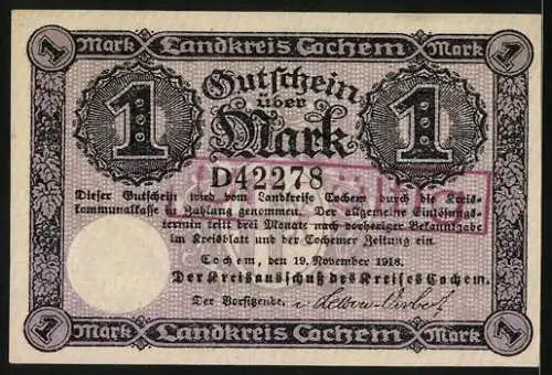 Notgeld Cochem 1918, 1 Mark, Gesamtansicht mit der Burg