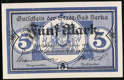 Notgeld Bad Berka 1918, 5 Mark, Kontroll-Nr. 0905