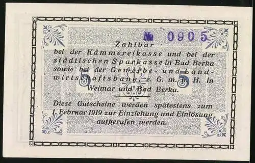 Notgeld Bad Berka 1918, 5 Mark, Kontroll-Nr. 0905