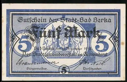 Notgeld Bad Berka 1918, 5 Mark, Kontroll-Nr. 2397