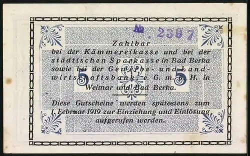 Notgeld Bad Berka 1918, 5 Mark, Kontroll-Nr. 2397