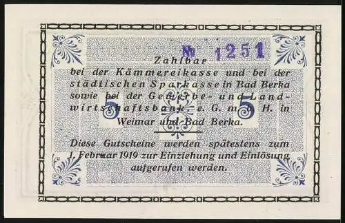 Notgeld Bad Berka 1918, 5 Mark, Kontroll-Nr. 1251