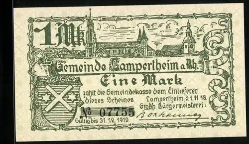 Notgeld Lampertheim a. Rh. 1918, 1 Mark, Zwei Kirchen