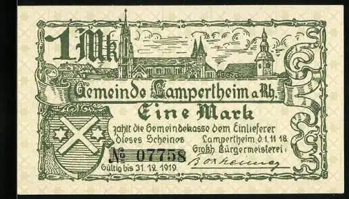 Notgeld Lampertheim a. Rh. 1918, 1 Mark, Zwei Kirchen und ein Wappen