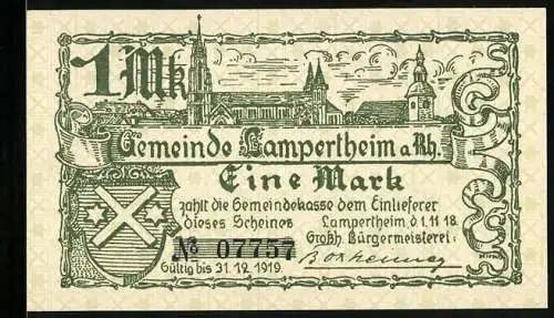 Notgeld Lampertheim a. Rh. 1918, 1 Mark, Wappen und zwei Kirchen
