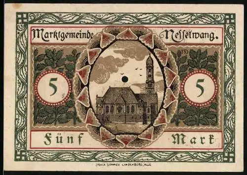 Notgeld Nesselwang 1918, 5 Mark, Blick zur Kirche