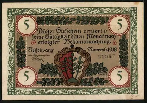 Notgeld Nesselwang 1918, 5 Mark, Blick zur Kirche