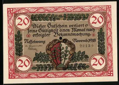 Notgeld Nesselwang 1918, 20 Mark, Blick zur Kirche