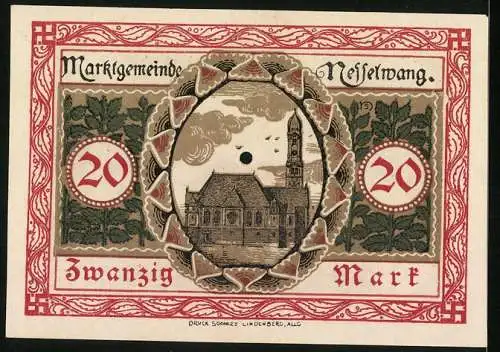 Notgeld Nesselwang 1918, 20 Mark, Blick zur Kirche