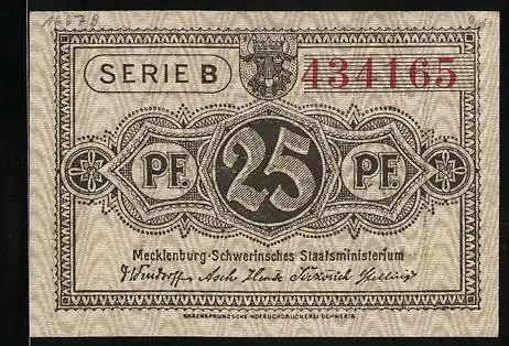 Notgeld Schwerin, 25 Pfennig, Kontroll-Nr. 434165