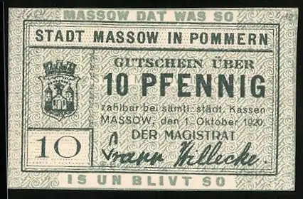 Notgeld Massow in Pommern 1920, 10 Pfennig, Bauern und Wappen