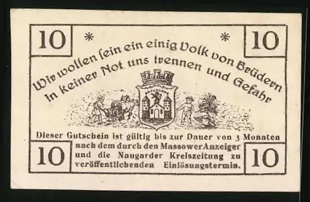 Notgeld Massow in Pommern 1920, 10 Pfennig, Bauern und Wappen