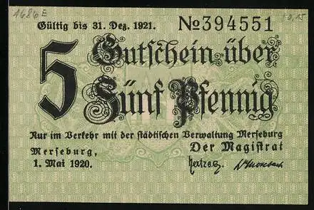 Notgeld Merseburg 1920, 5 Pfennig, Kontroll-Nr. 394551