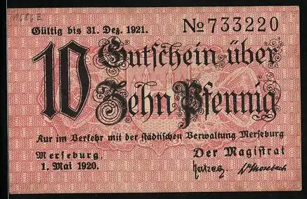 Notgeld Merseburg 1920, 10 Pfennig, Kontroll-Nr. 733220