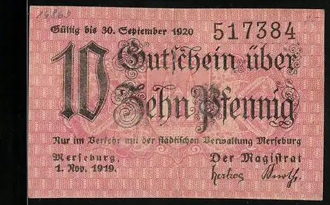 Notgeld Merseburg 1920, 10 Pfennig, Kontroll-Nr. 517384