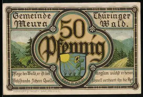 Notgeld Meura /Thür. Wald 1921, 50 Pfennig, Blick auf den Meurastein