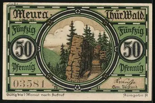 Notgeld Meura /Thür. Wald 1921, 50 Pfennig, Blick auf den Meurastein