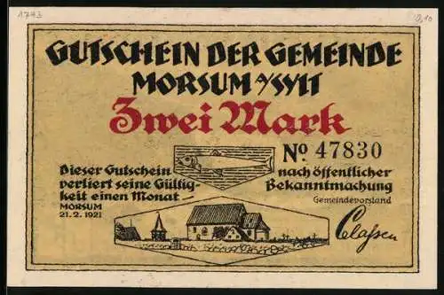 Notgeld Morsum a. Sylt 1921, 2 Mark, Stürmische Küstenszene