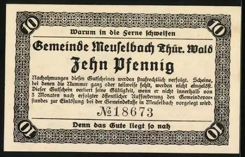 Notgeld Meuselbach /Thür. Wald 1920, 10 Pfennig, Aussichtsturm auf dem Berg