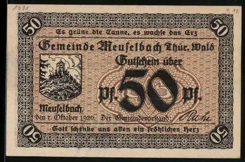 Notgeld Meuselbach /Thür. Wald 1920, 50 Pfennig, Aussichtsturm auf dem Berg