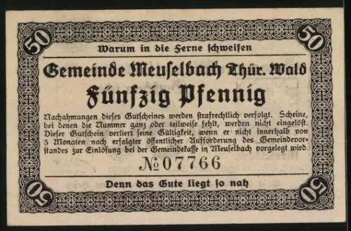 Notgeld Meuselbach /Thür. Wald 1920, 50 Pfennig, Aussichtsturm auf dem Berg
