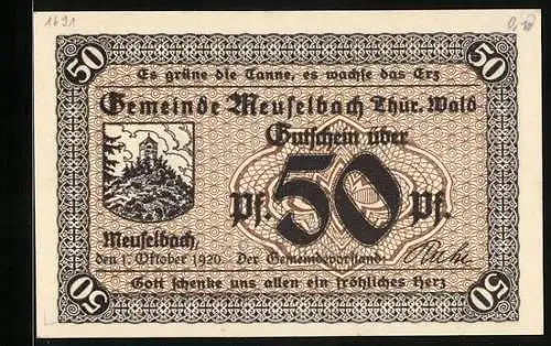 Notgeld Meuselbach /Thür. Wald 1920, 50 Pfennig, Aussichtsturm