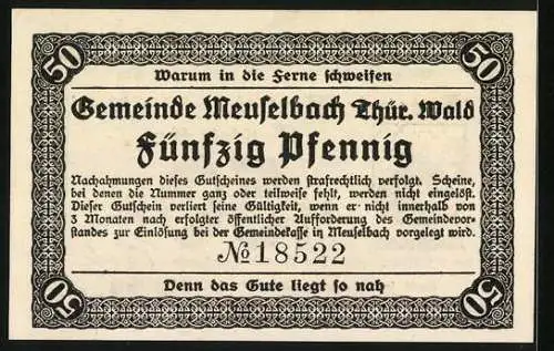 Notgeld Meuselbach /Thür. Wald 1920, 50 Pfennig, Aussichtsturm