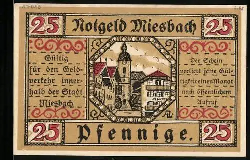Notgeld Miesbach 1921, 25 Pfennig, Ortspartie mit Blick zur Kirche