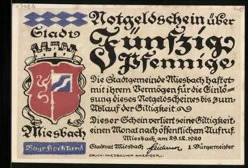 Notgeld Miesbach 1920, 50 Pfennig, Ortsansicht gegen die Berge