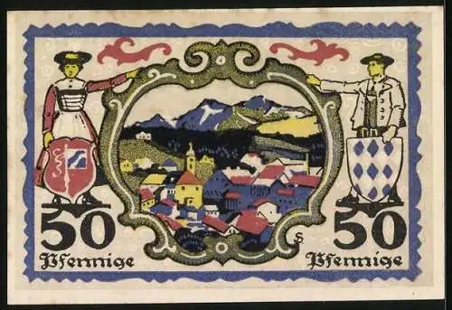 Notgeld Miesbach 1920, 50 Pfennig, Ortsansicht gegen die Berge