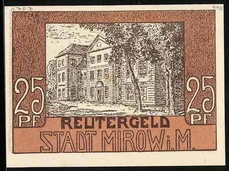 Notgeld Mirow i. M., 25 Pfennig, Strassenpartie, grosses Gebäude