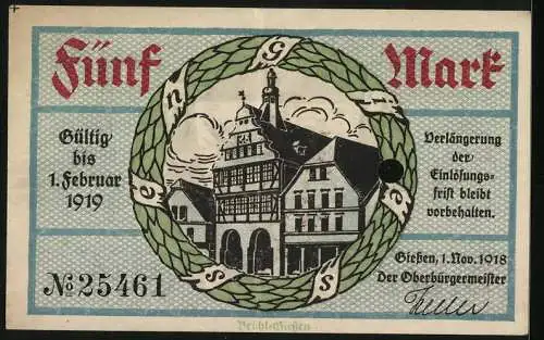 Notgeld Giessen 1918, 5 Mark, Das Rathaus