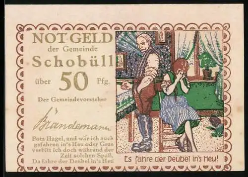 Notgeld Schobüll, 50 Pfennig, Wütender Mann und traurige Frau