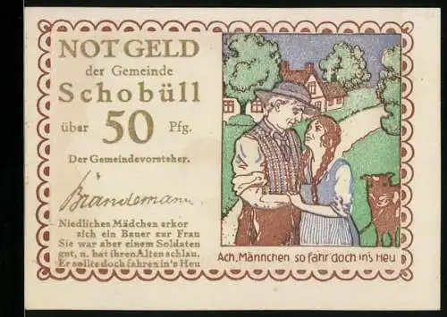 Notgeld Schobüll, 50 Pfennig, Ein Bauernpaar mit seiner Kuh