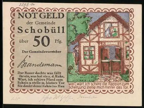 Notgeld Schobüll, 50 Pfennig, Mann am Fachwerkhaus