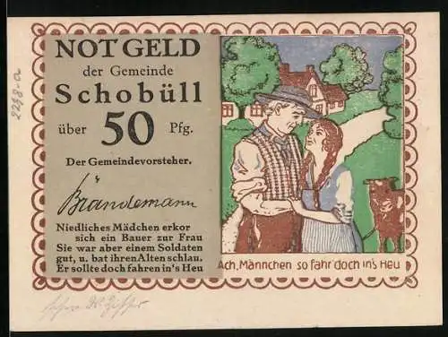 Notgeld Schobüll, 50 Pfennig, Bauernpaar mit einem Kalb