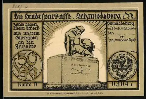 Notgeld Schmiedeberg i. R., 50 Pfennig, Ortsansicht mit der Schneekoppe, Kriegerdenkmal
