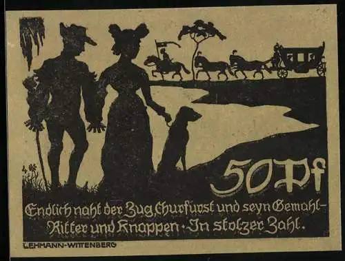 Notgeld Bad Schmiedeberg /Halle 1921, 50 Pfennig, Die Prozession mit der Kutsche des Churfürsten naht